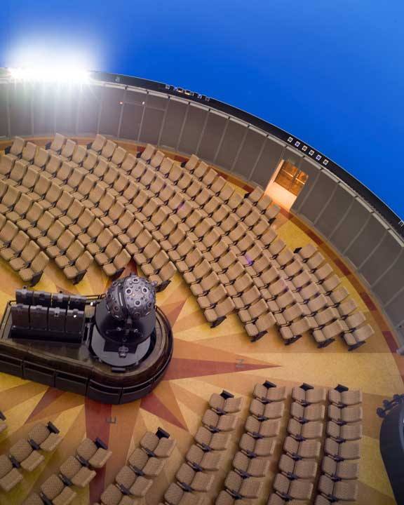 This unusual planetarium view was taken through one of the custom projection ports Spitz installed to the Griffith's specifications. Image courtesy Duro-Design, who created the beautiful cork floor for the theater's renovation.